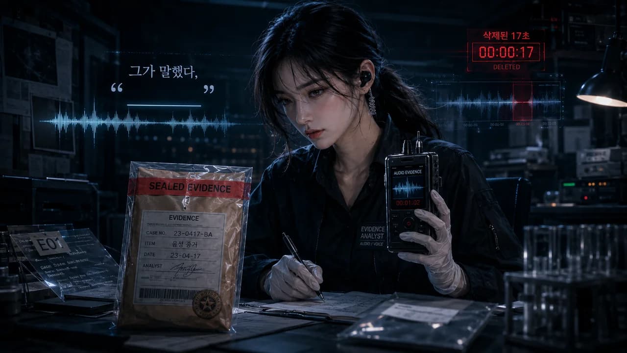 윤흔적 작가의 미스터리·추리 웹소설 《증거분석관은 빠진 말을 듣는다》 작품 상세 이미지 - 끊긴 음성 파형, 따옴표 속 빈 단어와 봉인된 증거 봉투