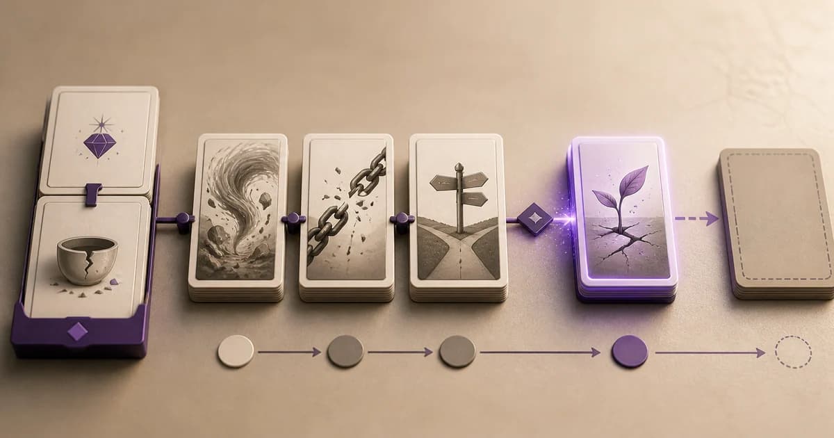 A synopsis planning board where character cards of different colors symbolizing desire, deficiency, and pivotal choices are connected by solid lines to event cards leading to an ending card