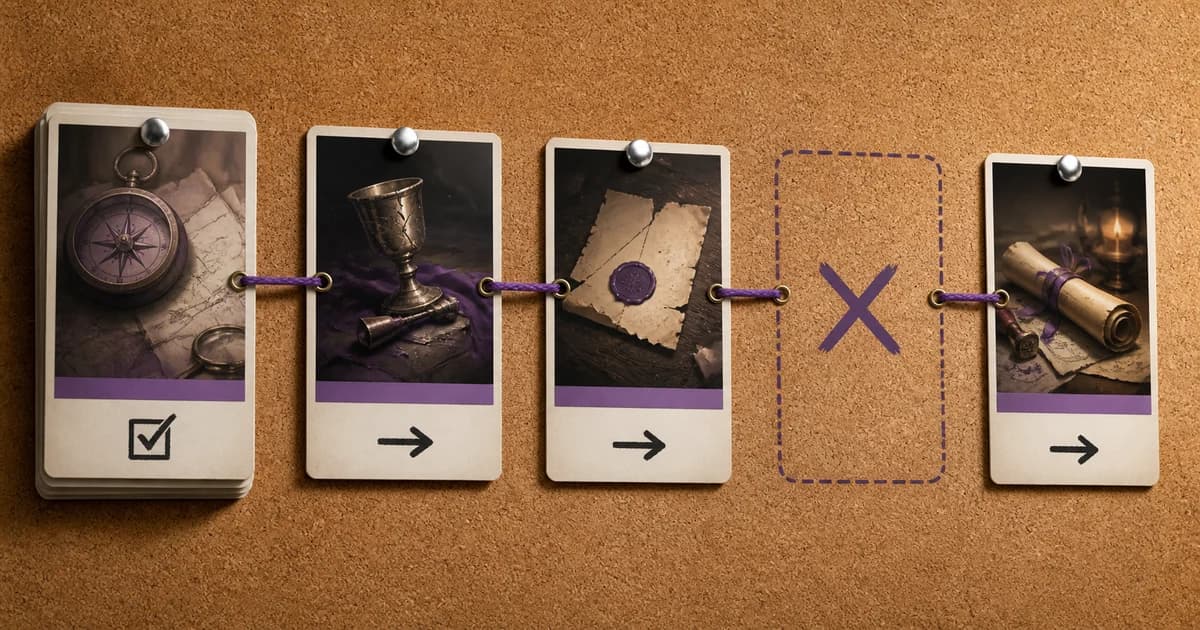 A scene on a corkboard covered with scene cards, where a previous episode's choice card leads to an outcome card, and the last card points toward the next event