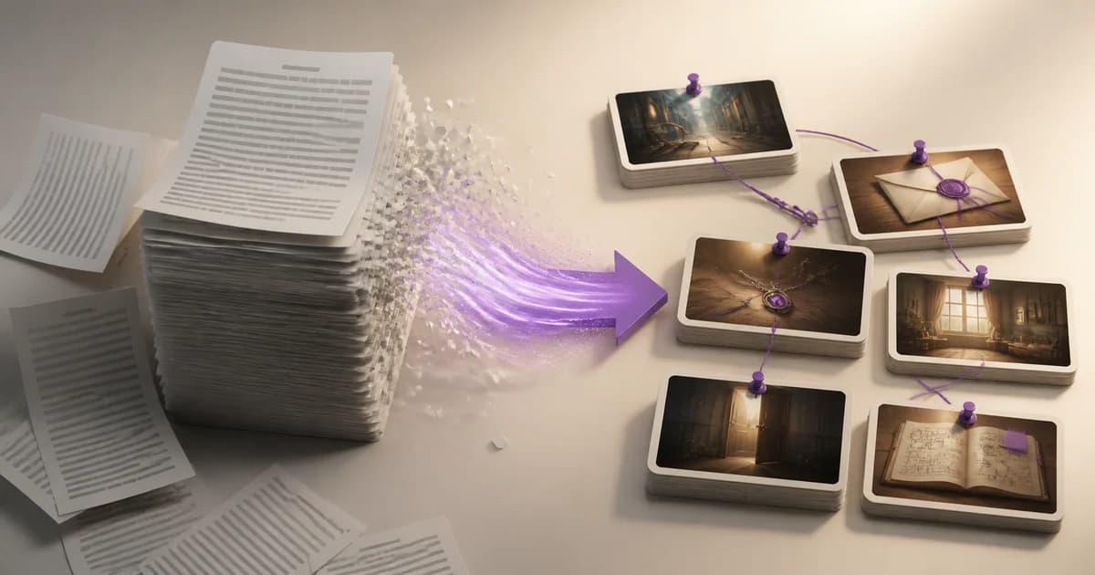 A set of manuscript cards made up of long gray blocks of exposition transforms into a set of short cards holding event clues like a key, a broken cup, and an open door, showing the process of trimming exposition scenes in web novel serialization.