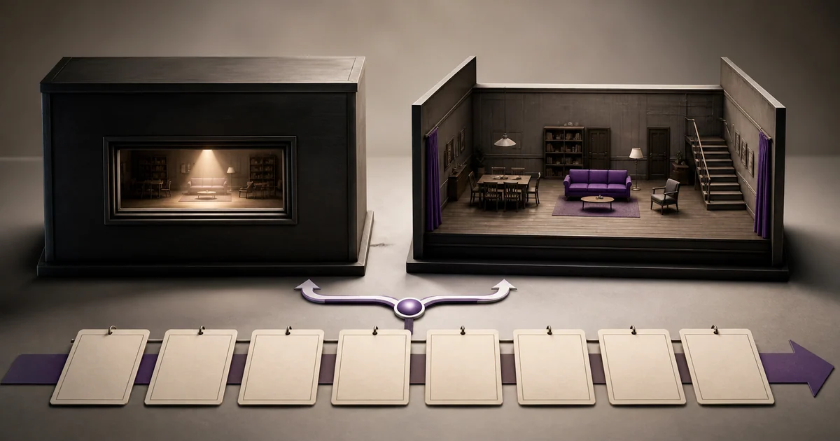 A composition where a small viewing window shows only part of a stage, next to a composition showing the whole stage from above, connected through a set of episode cards, illustrating the criteria for choosing first person versus third person point of view in web novel serialization