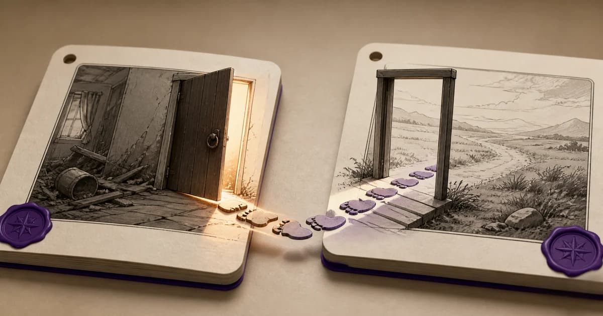 A structure of episode hooking and ending connection where, across a sequence of manuscript cards, the open door scene on the last card of the previous episode leads into the footstep scene on the first card of the next episode