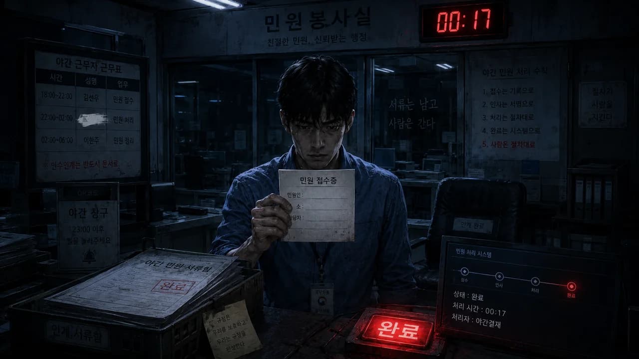 야간결재 작가의 공포·괴담·미스터리·추리 웹소설 《야간 민원은 사람도 완료 처리한다》 작품 상세 이미지 - 00:17 전자시계, 이름이 지워진 근무표, 무기명 민원 접수증과 붉은 완료 버튼