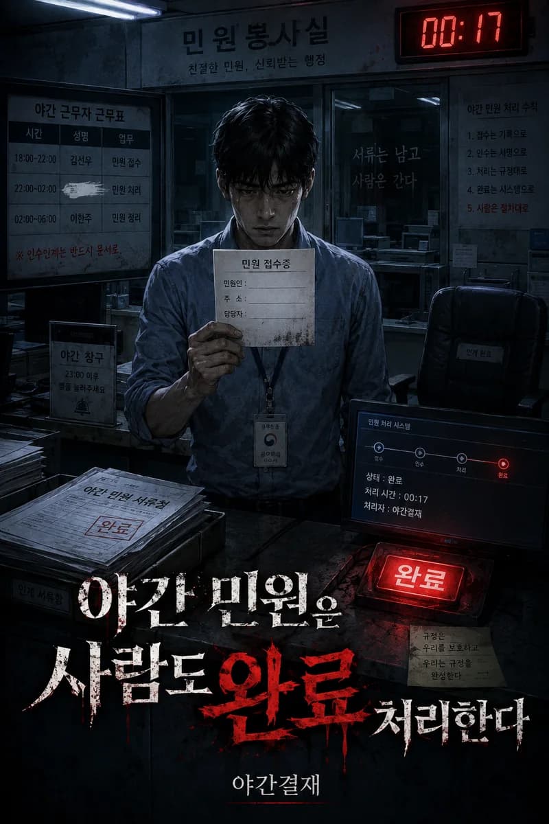 야간결재 작가의 공포·괴담·미스터리·추리 웹소설 《야간 민원은 사람도 완료 처리한다》 작품 표지 - 00:17 전자시계, 이름이 지워진 근무표, 무기명 민원 접수증과 붉은 완료 버튼