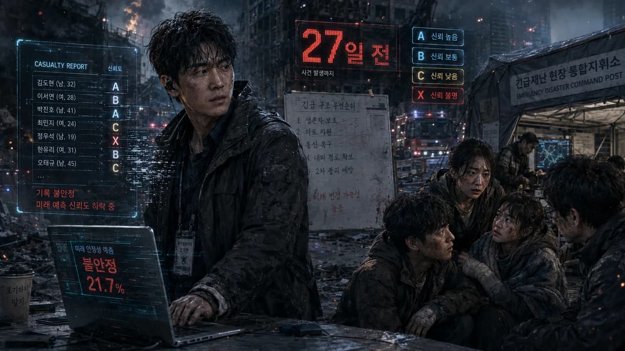 Yun Haewon's Regression, Modern Fantasy & Mystery web novel "The Future Broke Because I Saved Them" detail image - a fractured city map, names bleeding across a rescue roster and a 27-day countdown