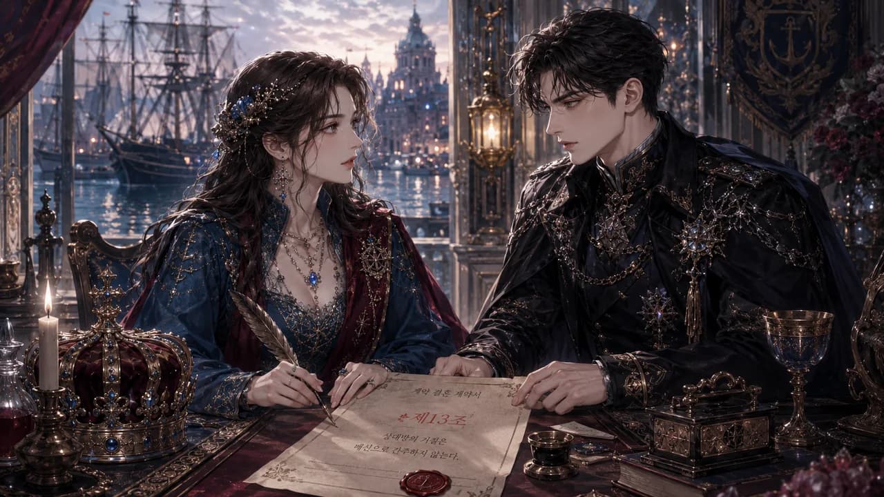 Seo Rina's Romance Fantasy web novel "The Thirteenth Clause of Our Marriage Contract" detail image - a contract opened to Clause 13, two signet rings and a harbor court