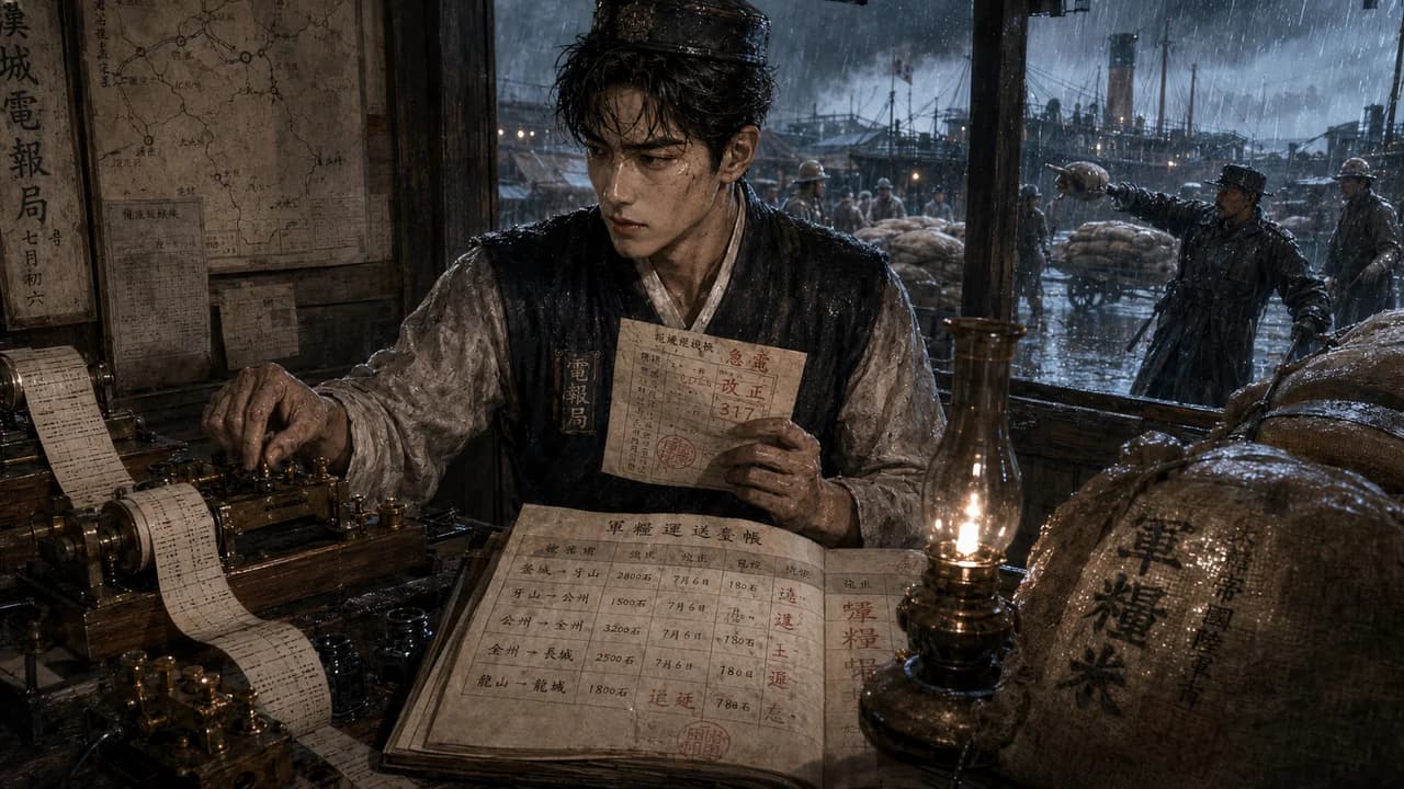 도량선 작가의 판타지·대체역사 웹소설 《갑오년, 전보국 주사는 군량을 훔쳤다》 작품 상세 이미지 - 1894년 전보국, 붉게 고친 우선 전보, 전신기, 군량 장부와 비에 젖은 쌀가마