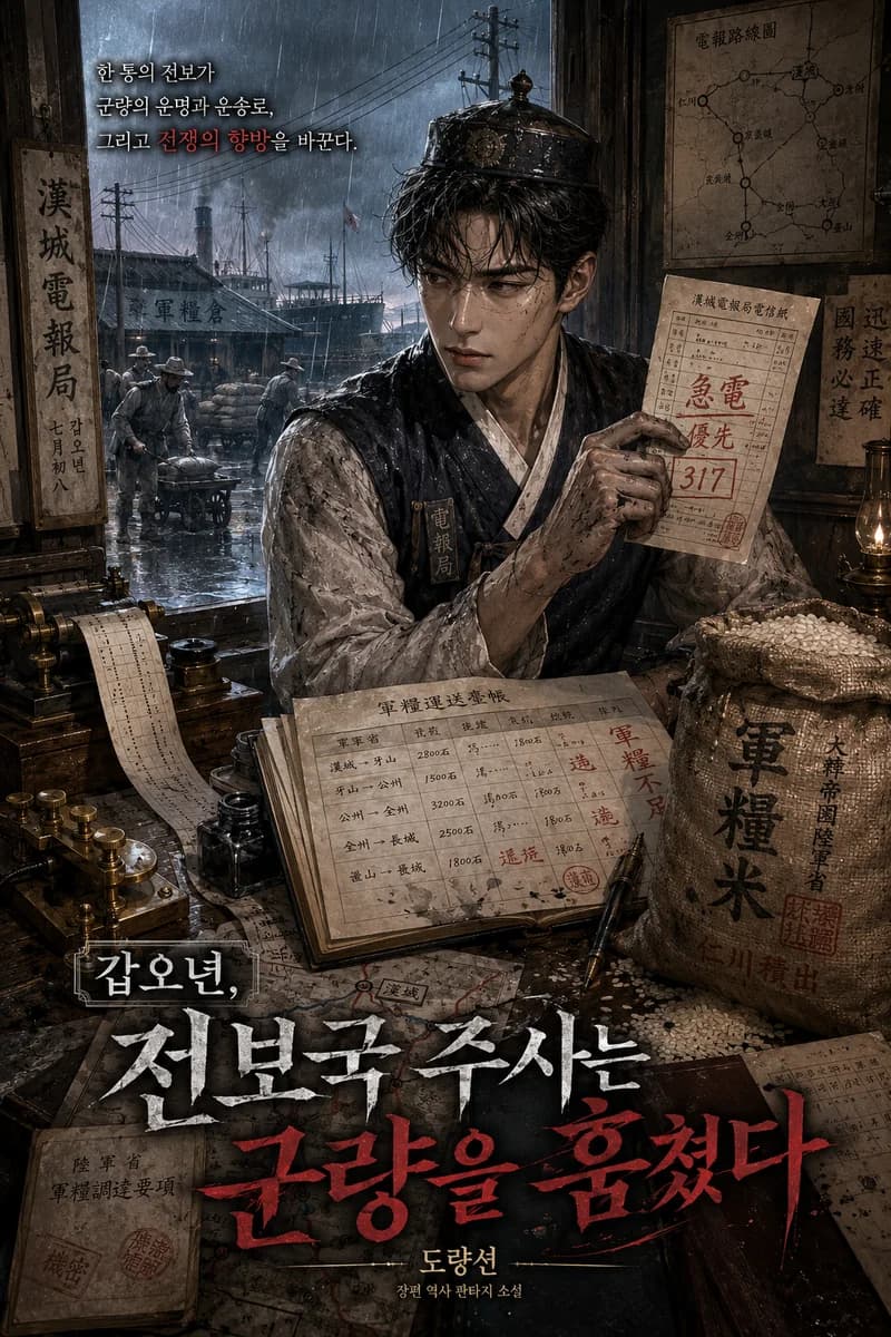 도량선 작가의 판타지·대체역사 웹소설 《갑오년, 전보국 주사는 군량을 훔쳤다》 작품 표지 - 1894년 전보국, 붉게 고친 우선 전보, 전신기, 군량 장부와 비에 젖은 쌀가마