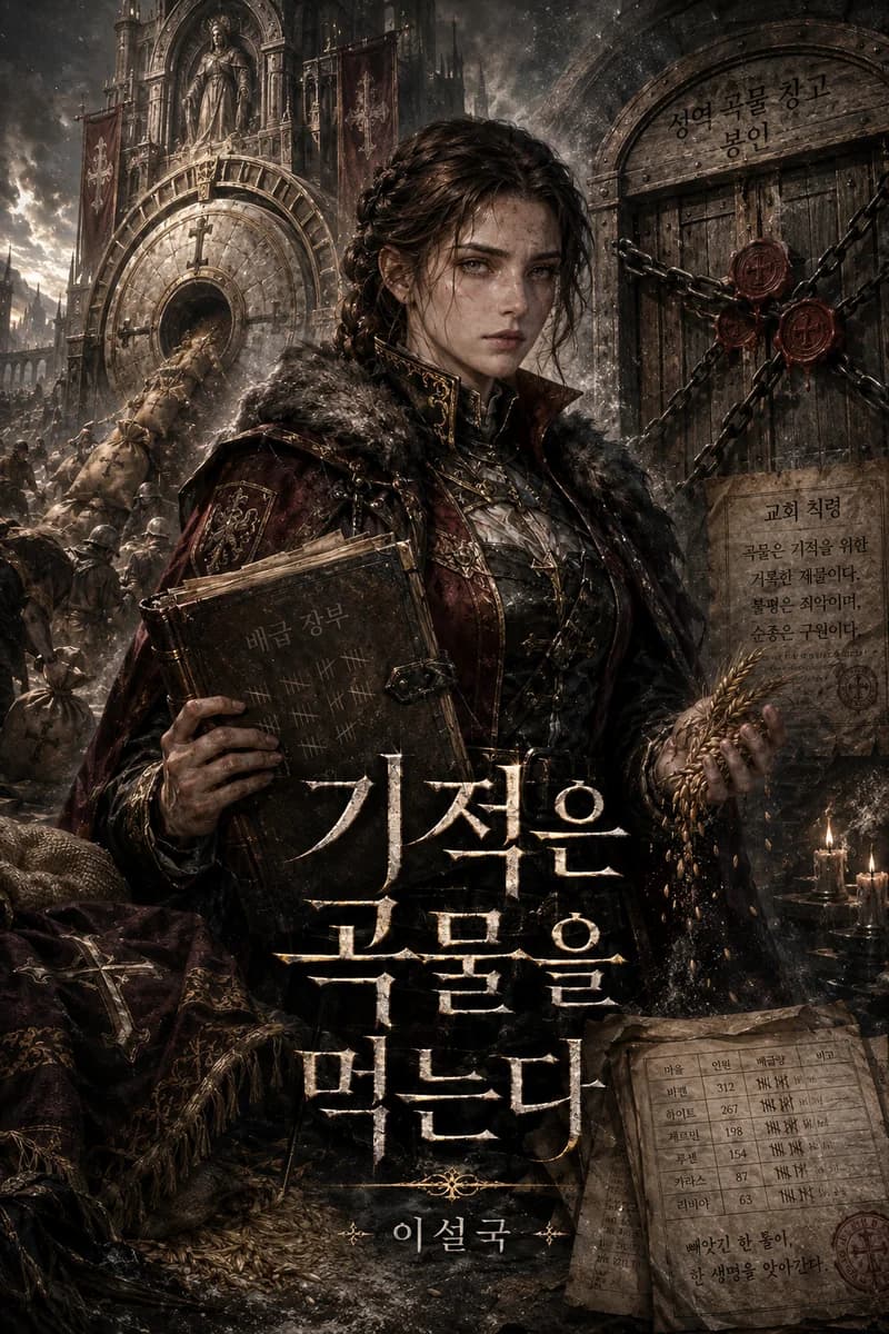 이설국 작가의 판타지 웹소설 《기적은 곡물을 먹는다》 작품 표지 - 곡물 자루가 기도방으로 빨려 들어가는 장면과 봉인된 곡간