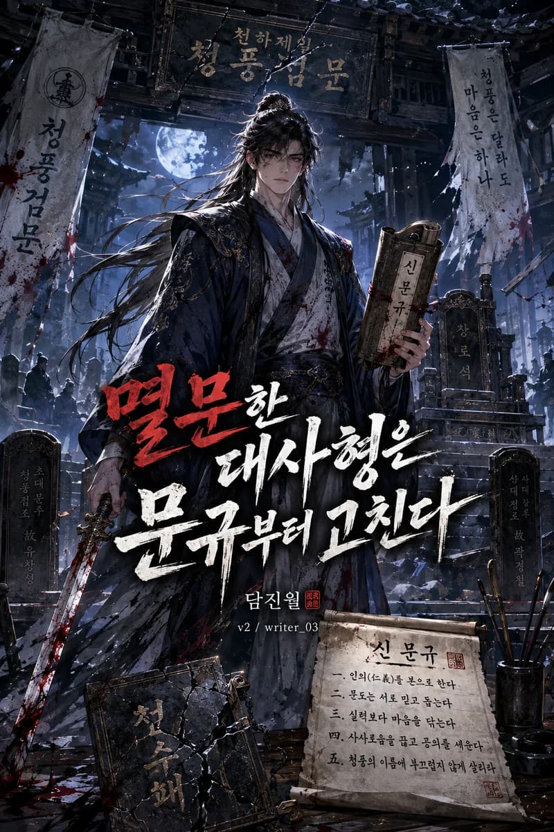 담진월 작가의 무협·회귀 웹소설 《멸문한 대사형은 문규부터 고친다》 작품 표지 - 찢긴 문규, 금지된 반진석과 다시 세워지는 산문