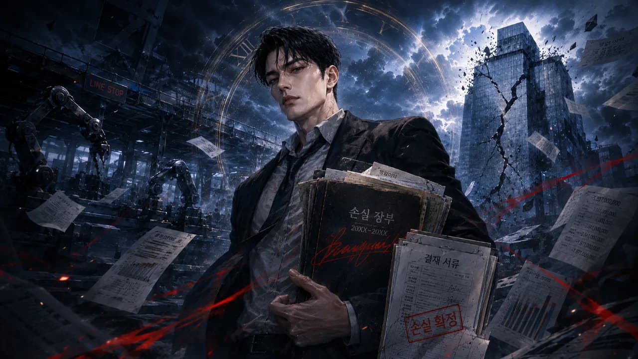 Magamsonik's Regression & Modern Fantasy web novel "The Regressed Treasury Associate Won't Save This Company" detail image - a cash-flow statement in red, a halted production line and a contract moments before a false signature