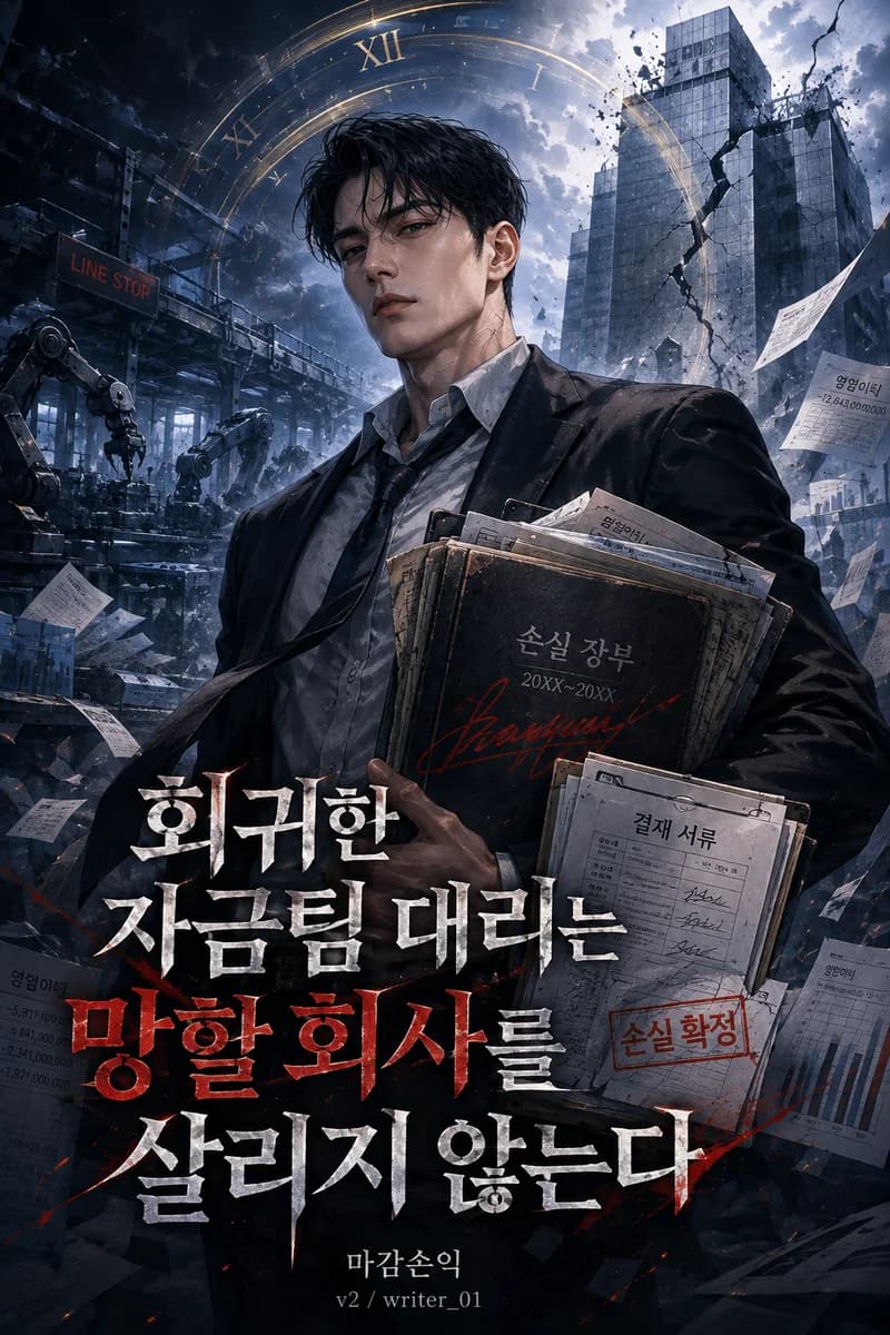 마감손익 작가의 회귀·현대판타지 웹소설 《회귀한 자금팀 대리는 망할 회사를 살리지 않는다》 작품 표지 - 빨간 현금흐름표, 멈춘 생산라인과 거짓 서명 직전의 계약서