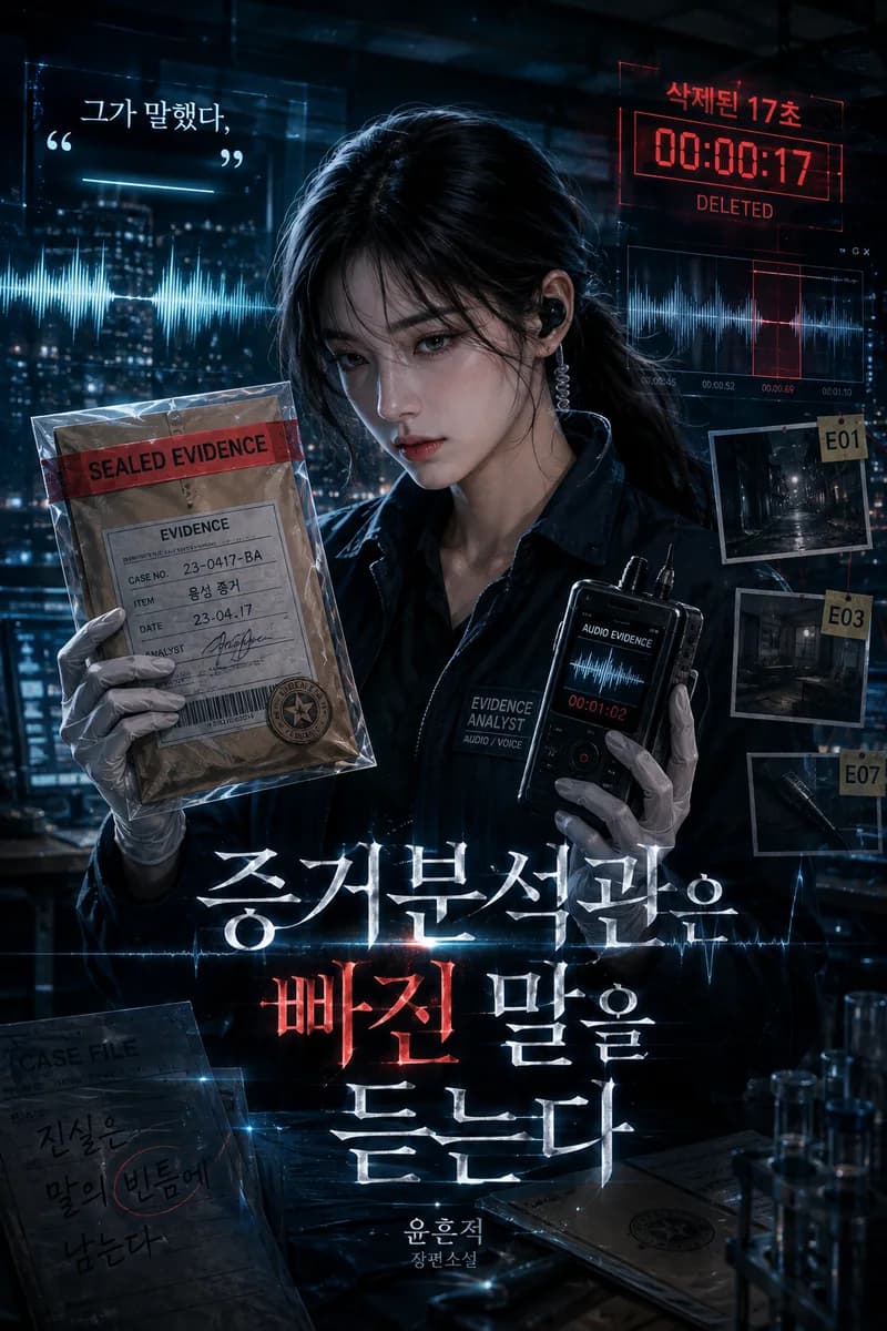 윤흔적 작가의 미스터리·추리 웹소설 《증거분석관은 빠진 말을 듣는다》 작품 표지 - 끊긴 음성 파형, 따옴표 속 빈 단어와 봉인된 증거 봉투