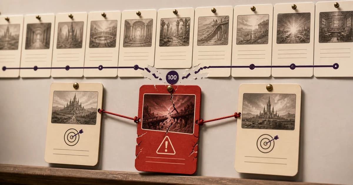 A scene on a board of connected serialization episode cards, where a crisis event card reconnects the broken link at episode 100 to a second-half goal card