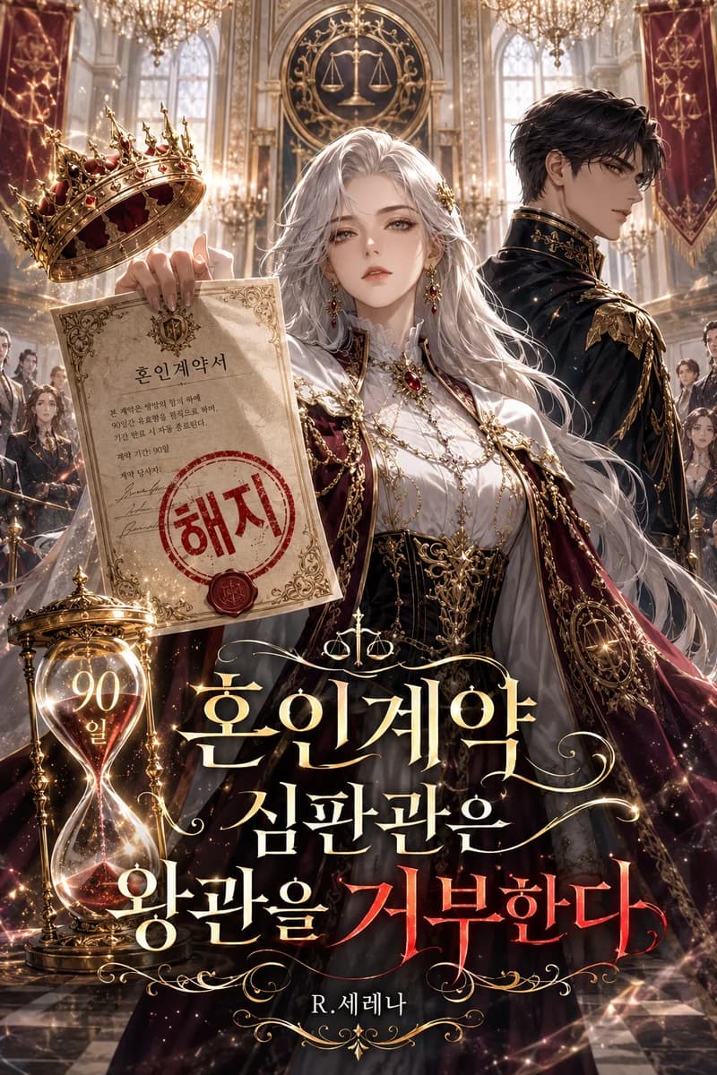 R.세레나 작가의 로맨스판타지 웹소설 《혼인계약 심판관은 왕관을 거부한다》 작품 표지 - 왕관 앞에 놓인 90일 협약서, 교차된 인장과 상호 거부권 조항