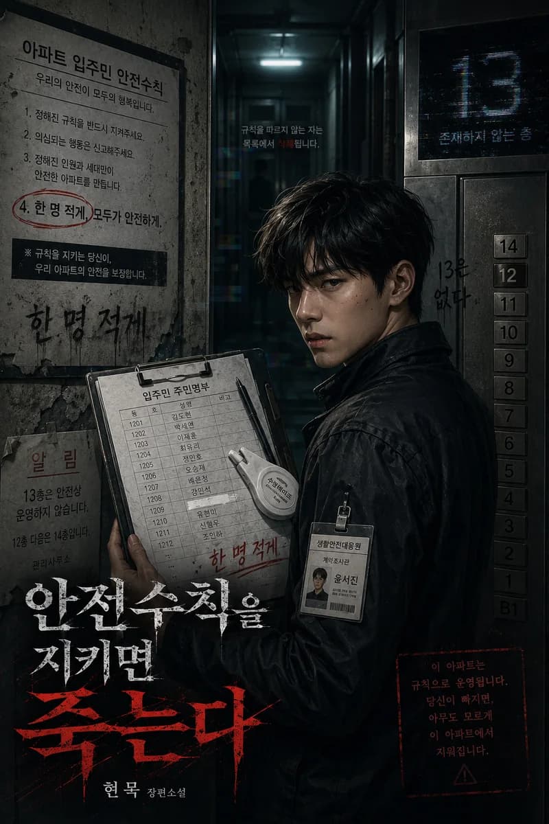현묵 작가의 공포·괴담·미스터리 웹소설 《안전수칙을 지키면 죽는다》 작품 표지 - 없는 13층 버튼, 찢긴 안전 공지문과 한 명이 비어 있는 CCTV
