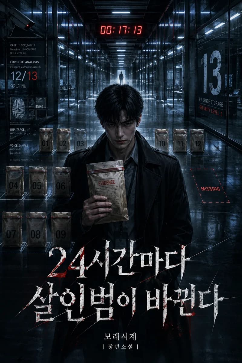 모래시계 작가의 미스터리·추리 웹소설 《24시간마다 살인범이 바뀐다》 작품 표지 - 00:17:13 시계, 13번째 파티션, 반복 복도와 증거 봉투