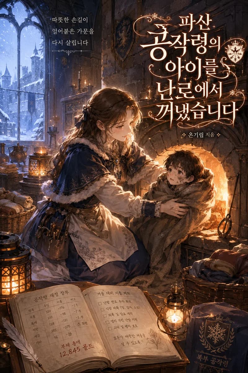 온기림 작가의 로맨스판타지·판타지 웹소설 《파산 공작령의 아이를 난로에서 꺼냈습니다》 작품 표지 - 겨울 난로에서 아이를 안아 드는 생활감사관과 분산 화로 설계도