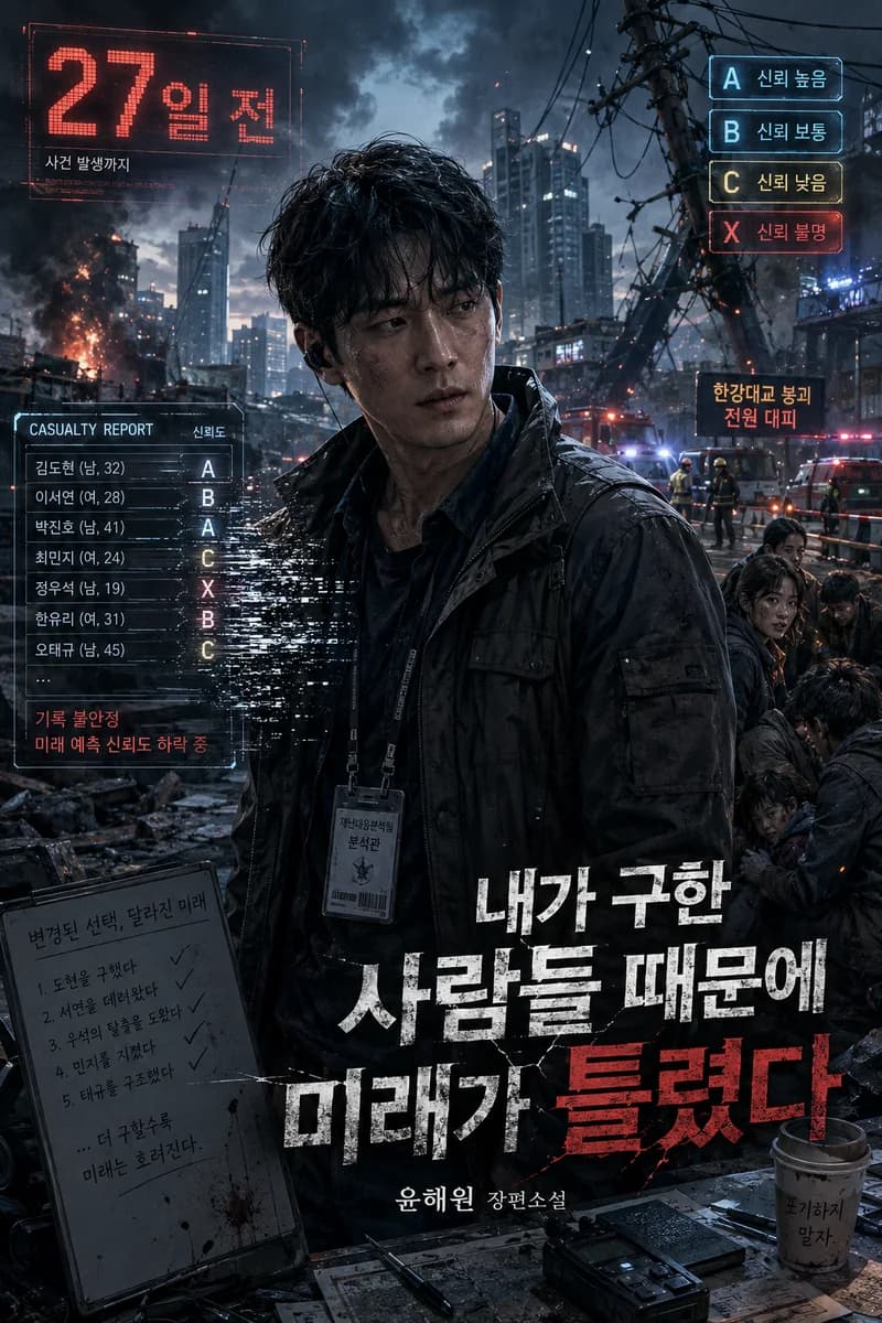 윤해원 작가의 회귀·현대판타지·미스터리 웹소설 《내가 구한 사람들 때문에 미래가 틀렸다》 작품 표지 - 갈라진 도시 지도, 구조 명단의 번지는 이름과 27일 카운트다운