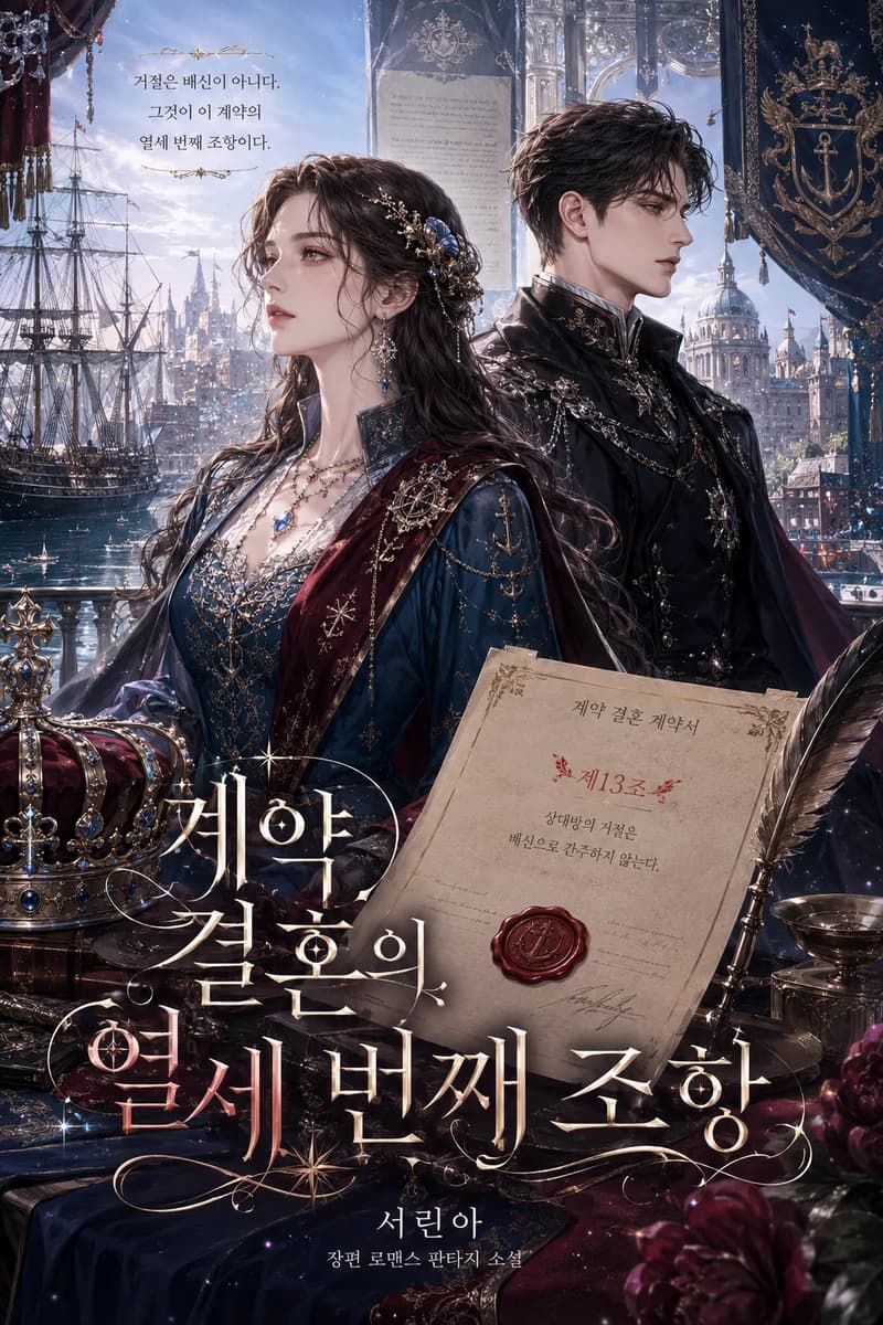 서린아 작가의 로맨스판타지 웹소설 《계약 결혼의 열세 번째 조항》 작품 표지 - 제13조가 펼쳐진 계약서, 두 개의 봉인 반지와 항구 궁정
