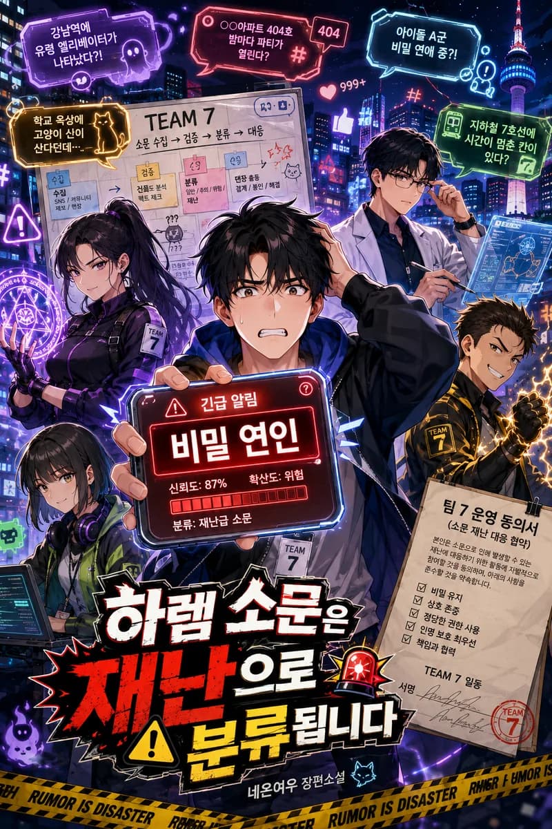 네온여우 작가의 현대판타지 웹소설 《하렘 소문은 재난으로 분류됩니다》 작품 표지 - 재난 경보창의 비밀 연인 문구, 동의 계약서와 팀7 작전 보드
