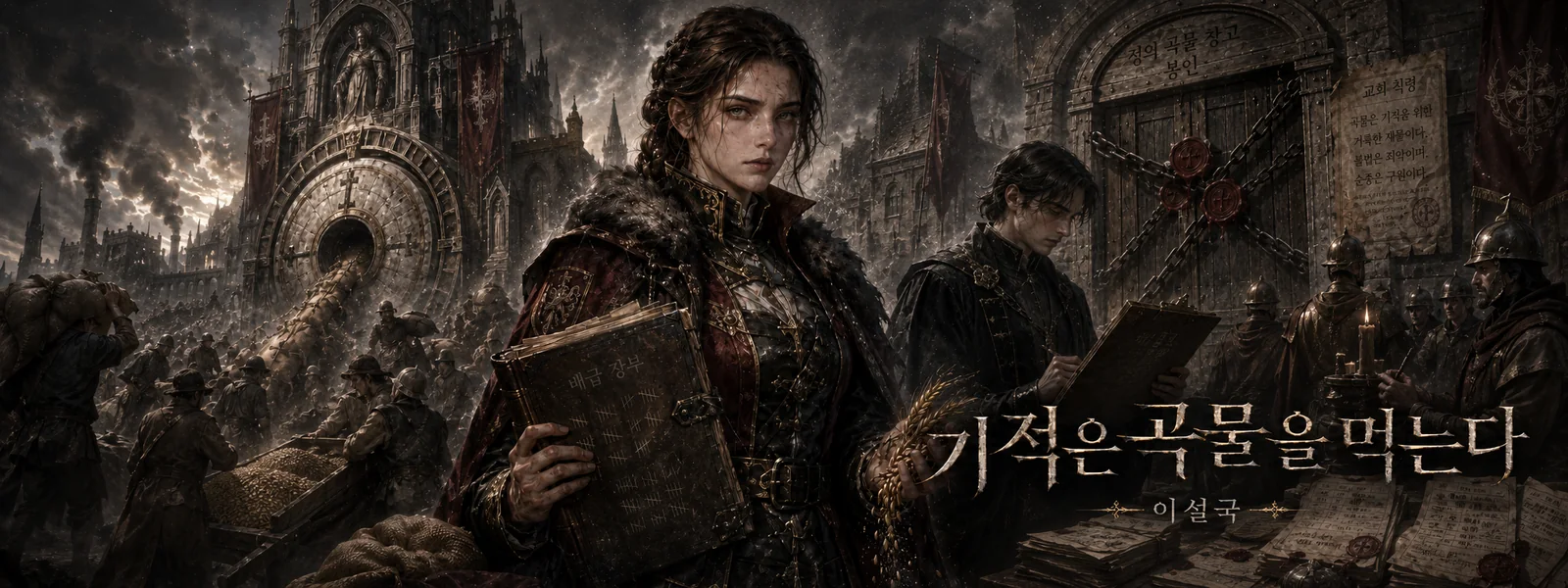 이설국 작가의 판타지 웹소설 《기적은 곡물을 먹는다》 메인 배너 - 곡물 자루가 기도방으로 빨려 들어가는 장면과 봉인된 곡간