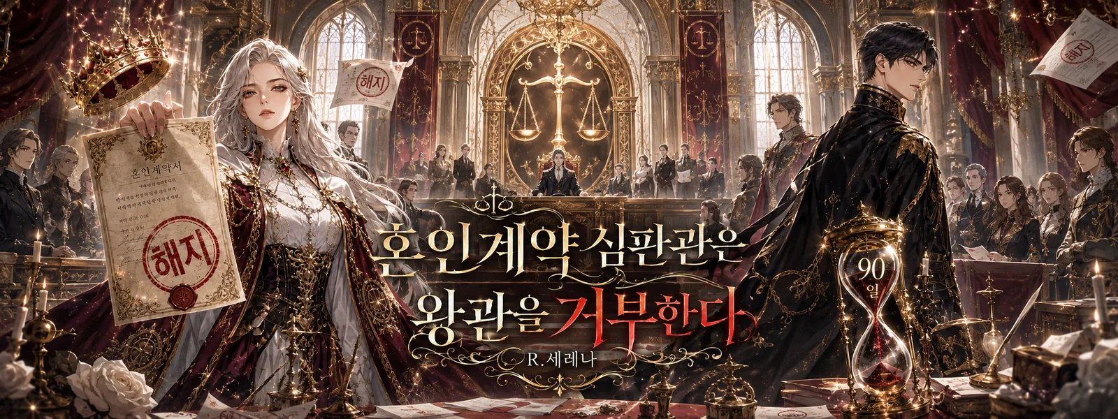 R.세레나 작가의 로맨스판타지 웹소설 《혼인계약 심판관은 왕관을 거부한다》 메인 배너 - 왕관 앞에 놓인 90일 협약서, 교차된 인장과 상호 거부권 조항