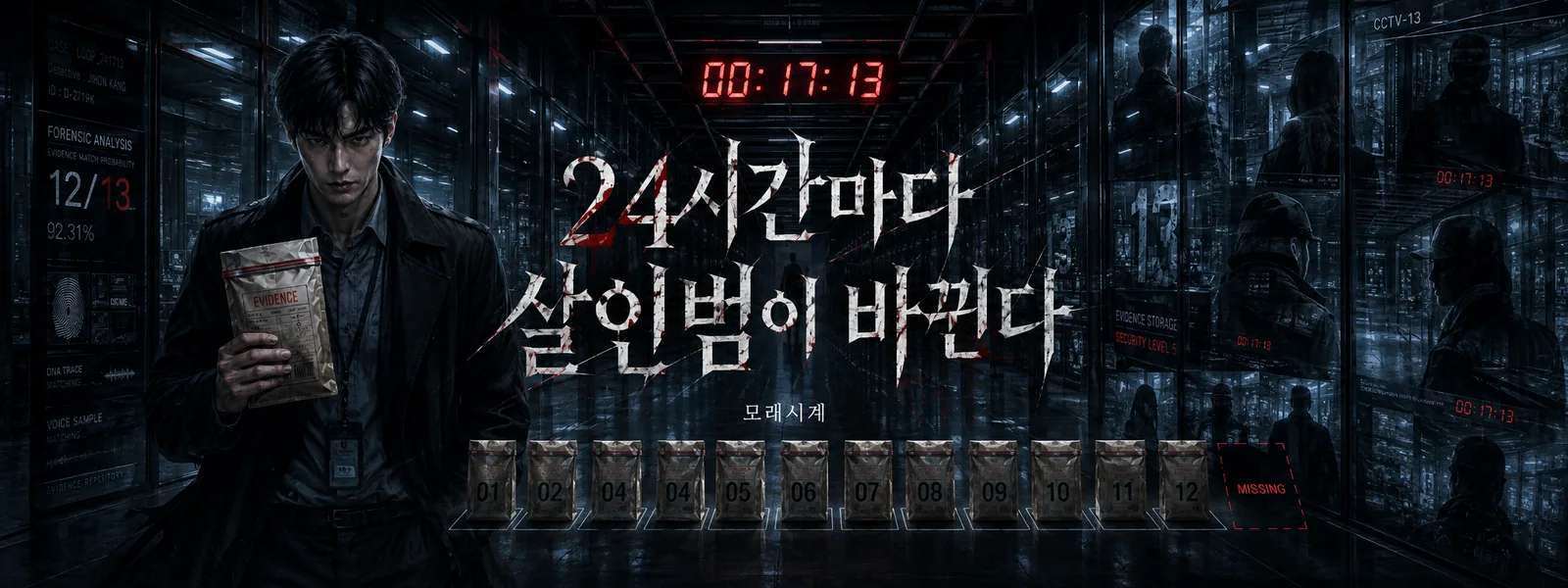 모래시계 작가의 미스터리·추리 웹소설 《24시간마다 살인범이 바뀐다》 메인 배너 - 00:17:13 시계, 13번째 파티션, 반복 복도와 증거 봉투