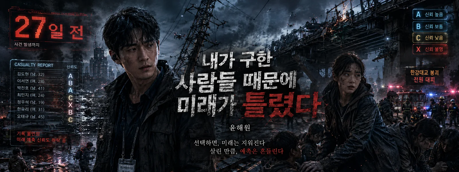 Yun Haewon's Regression, Modern Fantasy & Mystery web novel "The Future Broke Because I Saved Them" main banner - a fractured city map, names bleeding across a rescue roster and a 27-day countdown